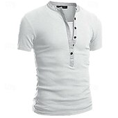 baratos Camiseta Henley Casual-Homens Camiseta Botão Camiseta Camisa Henley Camisetas Manga Curta Decote V Primavera Verão Tecido Moda Designer Básico Férias Rua Para Noite Preto Branco Azul Marinho Top Tee para Homens