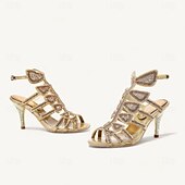 cheap Semi-Formal-Women&#039;s Heels Wedding Shoes Sandals Party Rhinestone Stiletto Fantasy Heel Peep Toe Elegant Bohemia Vintage Microbial Leather Loafer Black Red Gold