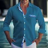 cheap Vacation-Men&#039;s Shirt Linen Shirt Summer Shirt Beach Wear Button Up Shirt Leaf Vacation Casual White Blue Dark Blue Long Sleeve Lapel Spring &amp; Summer Clothing Apparel Patchwork