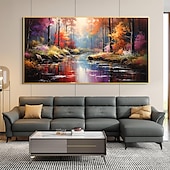 cheap Landscape Paintings-Handmade Original Original river scenery Oil Painting On Canvas Wall golden forest Art Painting for Home Decor With Stretched Frame/Without Inner Frame Painting