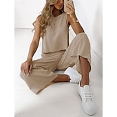 abordables Conjuntos-Pijamas de mujer, conjuntos de dos piezas para estar en casa, informales, de algodón y lino, de color puro, para estar en casa, sin mangas, cuello redondo, en negro, blanco, marrón, caqui, gris claro, para verano y primavera.