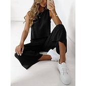 abordables Conjuntos-Pijamas de mujer, conjuntos de dos piezas para estar en casa, informales, de algodón y lino, de color puro, para estar en casa, sin mangas, cuello redondo, en negro, blanco, marrón, caqui, gris claro, para verano y primavera.