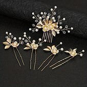 Недорогие Аксессуары для укладки волос-5 шт., шпилька с золотым листом, цветок, жемчуг, свадебные вилки для волос, головные уборы, винтажные свадебные женские элегантные украшения, аксессуары для волос