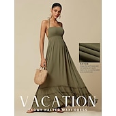olcso Vakációs ruhák-női üdülőhely maxi ruha smocked derék kék elegáns kötőfék nyak Cami maxi ruha strand takaró