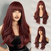economico Parrucche trendy sintetiche-lunghe parrucche ondulate viola con frangia 26 pollici ricci sintetici parrucche ombre resistenti al cuore per le donne cosplay di feste quotidiane usate