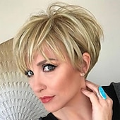 baratos peruca mais velha-Pixie corte perucas curtas e elegantes camada fofa peruca nenhuma peruca de substituição de renda com franja para mulheres mistura marrom peruca loira curta