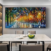 abordables Peintures paysages-peinture au couteau à pattle couple peint à la main avec parapluie marchant sous les lumières arbres effet de peinture à l&#039;huile retrousser l&#039;art de la toile peinture d&#039;art mural peinture de paysage