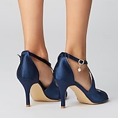 billige Prom-kvinners sateng peep-toe hæler med perle ankel stropp – elegante champagne bryllup sko for bruder og brudepiker