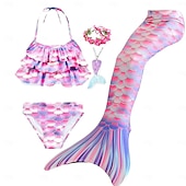 voordelige Zeemeermin badpak-Kinderen Voor meisjes Vijf stuk Zeemeermin zwemkleding Badmode Bikini Strand Zwemmen Regenboog Tie Dye leuke Style Badpakken 3-10 jaar Zomer Licht Blauw Kleurrijk