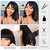 billige Parykker med blondefront, naturlig hår-rett parykk menneskehår med smell 2x1 blonder klippet parykker realistisk utseende hodebunn bob bangs parykker for kvinner naturlig farge brasiliansk menneskelig jomfruhår parykker