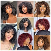 levne Přírodní paruky bez připínání-kudrnatá bob paruka lidské vlasy s ofinou krátká kudrnatá paruka lidské vlasy žádná krajka přední bob paruky lidské vlasy bob paruky lidské vlasy pro černošky přírodní barva