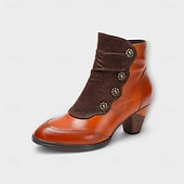 tanie Buty do kostki-damskie botki vintage z czerwonej skóry – najwyższej jakości skóra bydlęca z kwiatowymi akcentami guzikowymi i grubym obcasem, idealne do stylu retro i na co dzień