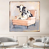 cheap Animal Paintings-Handmade A cow sitting on a sofa painting  handmade Abstract Cow Oil Painting Unique Artwork Vibrant Animal Canvas painting Wall Art Cow painting for living room bedroom wall home decor
