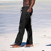 cheap Holiday-Men&#039;s Linen Pants Trousers Summer Pants Beach Pants Pocket Drawstring Elastic Waist Plain Comfort Breathable Daily Holiday Vacation Hawaiian Boho Black White
