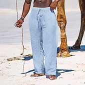 cheap Holiday-Men&#039;s Linen Pants Trousers Summer Pants Beach Pants Pocket Drawstring Elastic Waist Plain Comfort Breathable Daily Holiday Vacation Hawaiian Boho Black White