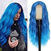 cheap Party Wigs-Blue Wig Long Blue Wavy Wigs for Women Middle Part Ombre Blue Wig 26 inch Natural Curly Synthetic Wig Heat Resistant Fiber Wigs for Daily Party Use Halloween Wigs