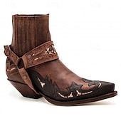 tanie Buty motocyklowe-męskie czarne skórzane botki w stylu western z haftowanymi zdobieniami i metalową uprzężą - buty w stylu kowbojskim na rodeo, imprezy country i na co dzień