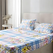 abordables Sábanas y funda de almohada-Juego de sábanas ajustables con patrón de primavera a rayas florales 100% algodón, sábanas sedosas y transpirables ultra suaves, sábanas con bolsillos profundos, tamaño queen king de 3 piezas