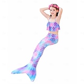 voordelige Zeemeermin badpak-Kinderen Voor meisjes Vijf stuk Zeemeermin zwemkleding Badmode Bikini Strand Zwemmen Regenboog Tie Dye leuke Style Badpakken 3-10 jaar Zomer Licht Blauw Kleurrijk