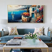 voordelige Schilderijen van landschappen-met de hand geschilderd mediterraan landschap olieverfschilderij op canvas impressionistisch schilderij van de middellandse zee canvas kunst getextureerde kustschildering muurkunst schilderij voor