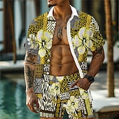 economico Set di camicie stampate da uomo-Per uomo Floreale Motivo Geometrico Etnico 2 pezzi Set di camicie Camicia hawaiana estiva Manica Corta Pantaloni corti Collo ripiegato Vacanza Hawaiano All&#039;aperto Camicia hawaiana Ferie Bottoni Tasca