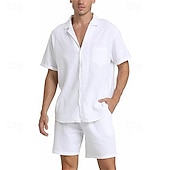 voordelige Zakelijk Casual-Voor heren Overhemd linnen overhemd Katoenen linnen overhemd Wit katoenen overhemd Overhemdset Zomer overhemd Effen Feestdagen Alledaagse kleding Zwart Wit Khaki Leger Groen Korte mouw Kamp kraag