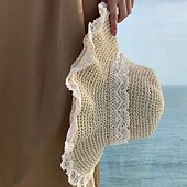billige Halmhatt-elegant beige/khaki stråhatt med snørebånd bred rand volangsolhatter pustende reisestrandhatter for kvinner jenter sommer utendørsferie