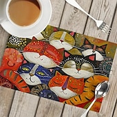 abordables Napperons et sous-verres et dessous de plat-sets de table de table à manger en lin série doodle art cat imperméables à l&#039;huile et isolés tapis de table à manger ménagers résistants à la chaleur imperméables à l&#039;huile et isolés tapis de table à