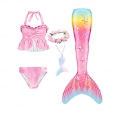 voordelige Zeemeermin badpak-Kinderen Voor meisjes Vijf stuk Zeemeermin zwemkleding Badmode Bikini Strand Zwemmen Regenboog Tie Dye leuke Style Badpakken 3-10 jaar Zomer Licht Blauw Kleurrijk