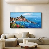 voordelige Schilderijen van landschappen-met de hand geschilderd mediterraan landschap olieverfschilderij op canvas impressionistisch schilderij van de middellandse zee canvas kunst getextureerde kustschildering muurkunst schilderij voor