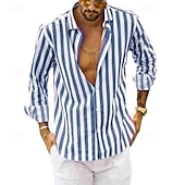 preiswerte Business Casual-Herren Hemd Leinenhemd Sommerhemd Freizeithemd Strandhemd Knopfhemd Gestreift Urlaub Ferien Schwarz Gelb Rosa Rot Langarm Umlegekragen Frühling &amp; Herbst Bekleidung Button-Down