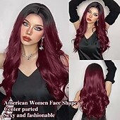 economico Parrucche trendy sintetiche-parrucche per donne 26 pollici lunghe ombre vino rosso con riga centrale parrucche ondulate per le donnegrande parrucca rimbalzante soffice e soffice in fibra sintetica resistente al caloreideale per