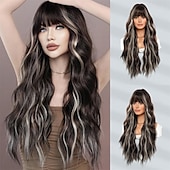 economico Parrucche trendy sintetiche-lunghe parrucche ondulate viola con frangia 26 pollici ricci sintetici parrucche ombre resistenti al cuore per le donne cosplay di feste quotidiane usate