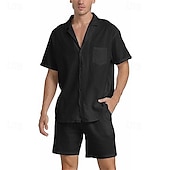 voordelige Zakelijk Casual-Voor heren Overhemd linnen overhemd Katoenen linnen overhemd Wit katoenen overhemd Overhemdset Zomer overhemd Effen Feestdagen Alledaagse kleding Zwart Wit Khaki Leger Groen Korte mouw Kamp kraag