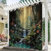preiswerte Wasserdichte Vorhänge-Wasserdichter Outdoor Vorhang Außenvorhang für Privatsphäre, Außenjalousien, verschiebbare Terrassenvorhangvorhänge, Pergolavorhänge mit Öse, 3D-Waldlandschaft für Pavillon, Balkon, Veranda, Party