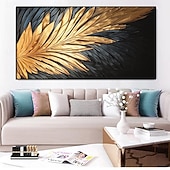 preiswerte Abstrakte Gemälde-Handgemaltes abstraktes Federölgemälde auf Leinwand, handgemaltes modernes Wandgemälde in Gold und Schwarz für Wohnzimmer, Schlafzimmer, Wanddekoration, individuell strukturiertes Gemälde