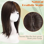 baratos Franjas-Topper de cabelo de 14 polegadas para mulheres com cabelos ralos, perucas toppers para cabelos ralos com franja, cobertura de base grande, topper de cabelo sintético, prendedores de cabelo, marrom