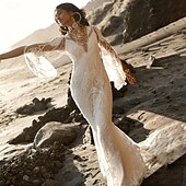 abordables robes de mariée décontractées-Robe de Mariage Boho à Dos Ouvert de Plage Robe de Mariage Simple Sirène Col en V Manches Longues Train Sweep  Brush Dentelle Robes de Mariée Avec Motif 2025