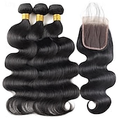 baratos 4 conjuntos de cabelo natural-Nadula cabelo hd fechamento de renda pacotes de onda corporal brasileira com fecho 4x4 fechamento de renda cabelo brasileiro feixes de tecelagem com fecho