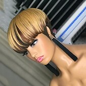 abordables Perruques sans bonnet-Perruques courtes de coupe de lutin de cheveux humains pour les femmes perruque entièrement faite à la machine avec une frange porter et aller perruques blondes droites