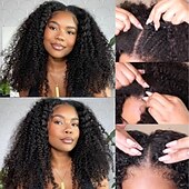 economico Parrucche di capelli veri senza cuffia-parrucche ricci con parte a v parrucche brasiliane ricci crespi dei capelli umani per le donne nere parrucche a forma di v senza lasciare fuori parrucche anteriori in pizzo aggiornamento parrucche