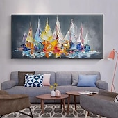 tanie Pejzaże-mintura ręcznie robione obrazy olejne z krajobrazem łodzi na płótnie dekoracje ścienne nowoczesne abstrakcyjne obrazy statków do wystroju domu walcowane, bezramowe, nierozciągnięte malarstwo