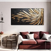 preiswerte Abstrakte Gemälde-Handgemaltes abstraktes Federölgemälde auf Leinwand, handgemaltes modernes Wandgemälde in Gold und Schwarz für Wohnzimmer, Schlafzimmer, Wanddekoration, individuell strukturiertes Gemälde