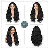 economico Parrucche trendy sintetiche-parrucche nere con fascia per le donne parrucche lunghe con fascia ondulata da 24 pollici indossa e vai mezza parrucca senza colla mezza parrucca sciolta con onde sintetiche lunghe per le donne