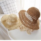economico Cappelli di paglia-cappello a secchiello all&#039;uncinetto cavo nastro di pizzo cravatta a tesa larga cappello da sole in paglia traspirante eleganti cappelli da spiaggia da viaggio per ombrellone per donna