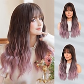 economico Parrucche trendy sintetiche-lunghe parrucche ondulate viola con frangia 26 pollici ricci sintetici parrucche ombre resistenti al cuore per le donne cosplay di feste quotidiane usate