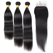 preiswerte 4 Bündel Echthaargewebe-knochenglatte Echthaarbündel mit Verschluss, 4x4-Spitzenverschlüsse mit Bündeln, brasilianische Haarwebartbündel mit Verschluss, Remy-Haar
