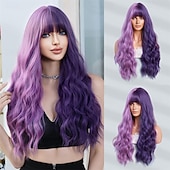 economico Parrucche trendy sintetiche-lunghe parrucche ondulate viola con frangia 26 pollici ricci sintetici parrucche ombre resistenti al cuore per le donne cosplay di feste quotidiane usate