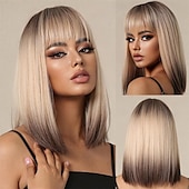 economico Parrucche trendy sintetiche-parrucca bionda castano bob ombre con frangia parrucche corte diritte naturali per donne parrucche sintetiche lunghe fino alle spalle per cosplay quotidiano