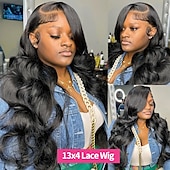 cheap Human Hair Lace Front Wigs-Remy Human Hair 13x4 Lace Front Wig Free Part Brazilian Hair Body Wave Black Wig 150% 180% Density with Baby Hair  Pre-Plucked For wigs for black women Long Human Hair Lace Wig